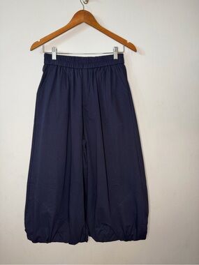 Wide Leg Elastic Waist Navy Bubble Cropped Pants